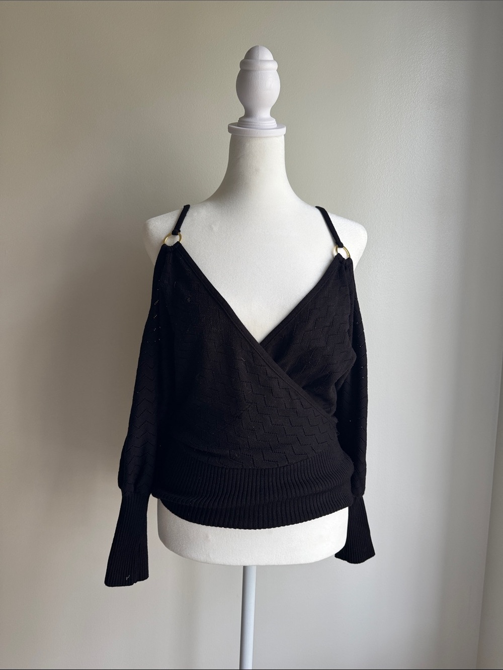 bebe Black Cold-Shoulder V-Neck Wrap Sweater